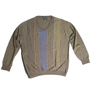 Miko Mens 3XLT Brown Wool & Acrylic V-Neck Sweater Stripes Grandpa Vintage
